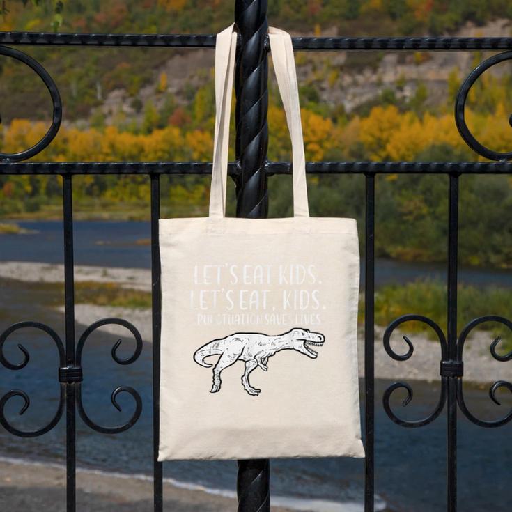 Lets Eat Kids Punctuation Saves Lives Dino Teacher Men Canvas Tote Bag, funny design Lets Eat Kids Punctuation Saves Lives Dino Teacher Men Canvas Tote Bag, funny design