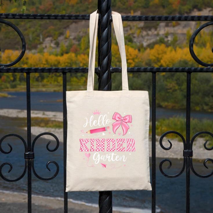 First Day Of School Teacher Girl Coquette Hello Kindergarten Canvas Tote Bag, funny design First Day Of School Teacher Girl Coquette Hello Kindergarten Canvas Tote Bag, funny design