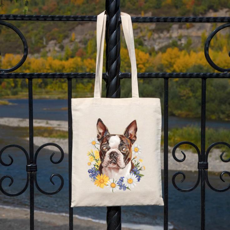 Floral Boston Terrier Canvas Tote Bag, funny design