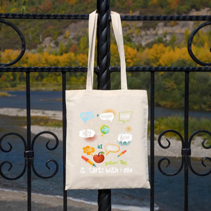 Friendship Inclusion Language Teacher It Starts With Hello Canvas Tote Bag, funny design Friendship Inclusion Language Teacher It Starts With Hello Canvas Tote Bag, funny design