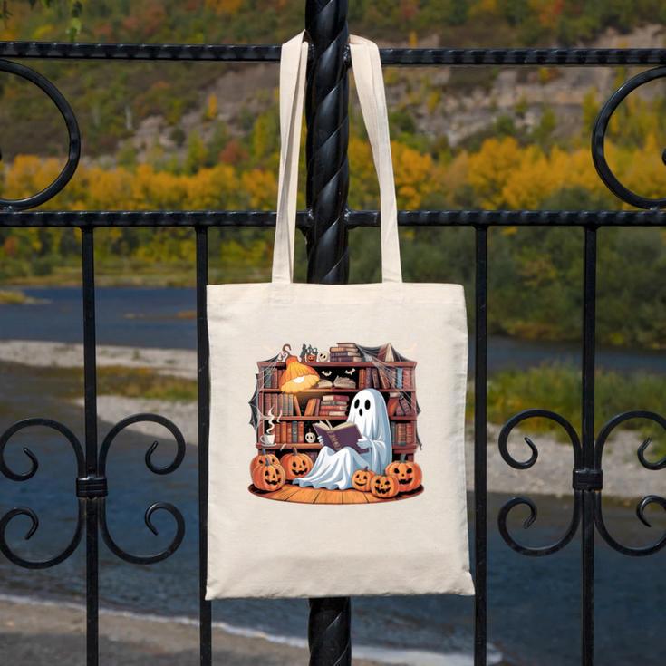 Ghost Book Reading Halloween Books Lover Teacher Canvas Tote Bag, funny design