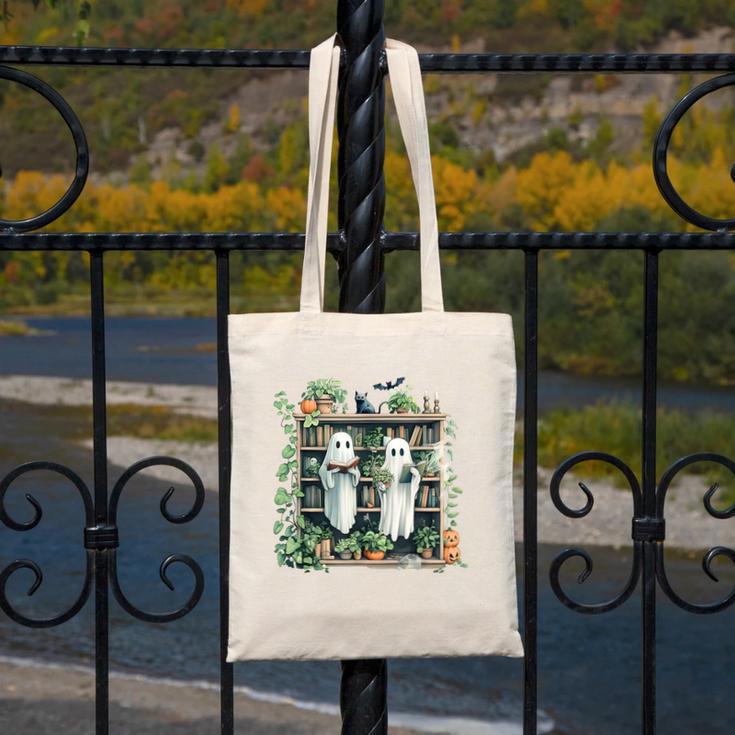 Ghost Plant Library Halloween Reading Books Teacher Vintage Canvas Tote Bag, funny design