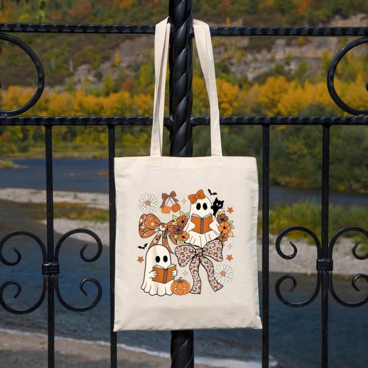 Ghost Reading Books Halloween Bow Spooky Teacher Student Canvas Tote Bag, funny design