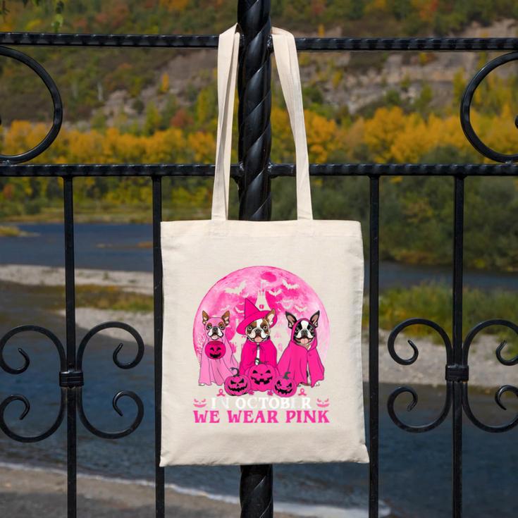Ghost And Witch Boston Terrier Dog In October We Wear Pink Canvas Tote Bag, Boston Terrier Ghost Gifts, funny design
