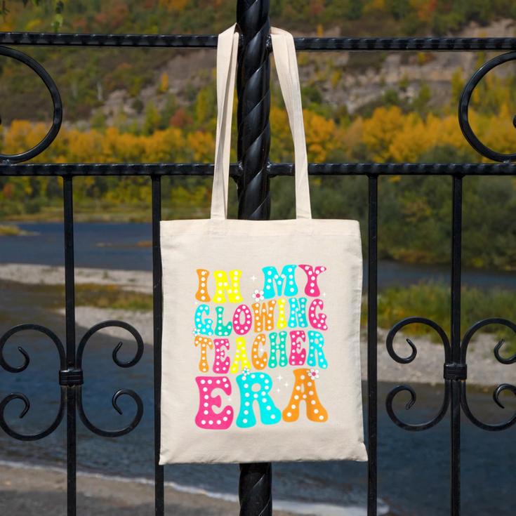 In My Glowing Teacher Era Groovy Colorful Bright Canvas Tote Bag, Groovy Teacher Gifts, funny design In My Glowing Teacher Era Groovy Colorful Bright Canvas Tote Bag, Groovy Teacher Gifts, funny design
