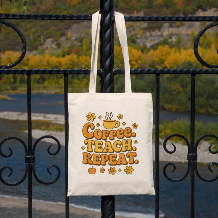 Groovy Coffee Teach Repeat Retro Teacher Canvas Tote Bag, Groovy Teacher Gifts, funny design Groovy Coffee Teach Repeat Retro Teacher Canvas Tote Bag, Groovy Teacher Gifts, funny design