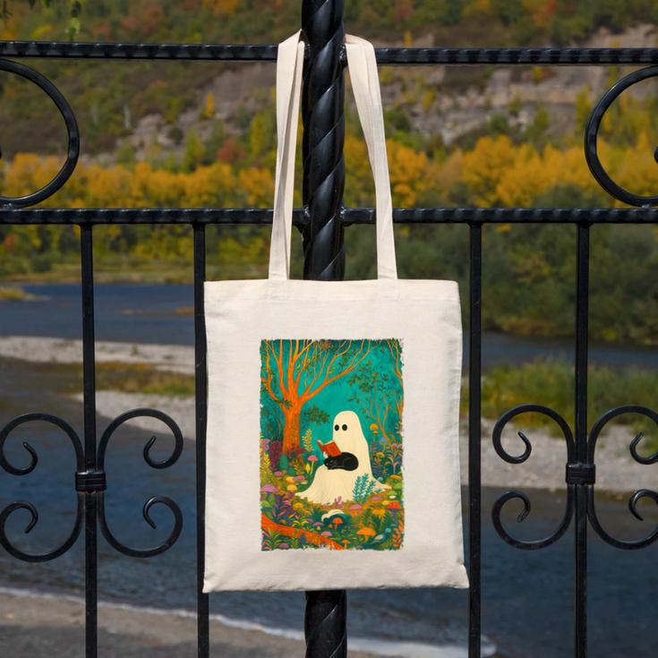 Groovy Ghost Reading Book Cat Halloween Ghost Teacher Canvas Tote Bag, Groovy Teacher Gifts, funny design