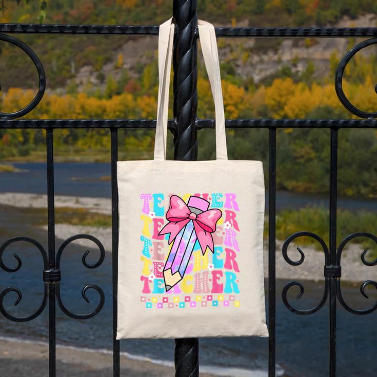 Groovy Teacher Cute Coquette Bow Flower Retro Back To School Canvas Tote Bag, Groovy Teacher Gifts, funny design Groovy Teacher Cute Coquette Bow Flower Retro Back To School Canvas Tote Bag, Groovy Teacher Gifts, funny design