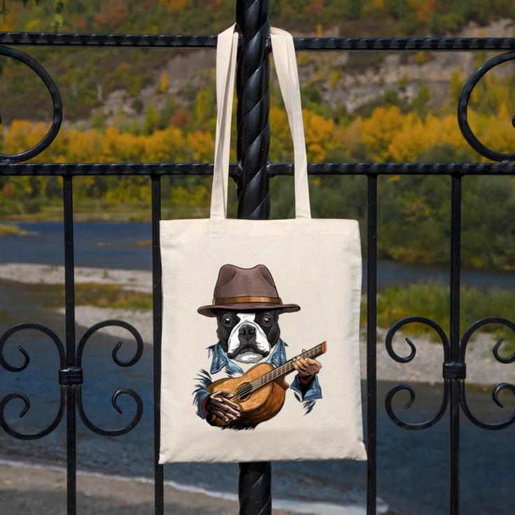 Guitar Shirt Boston Terrier Dog Playing Acoustic Guitar Canvas Tote Bag, funny design