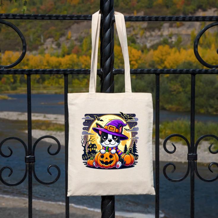 Halloween Boston Terrier Dog Breed With Jack O' Lantern Art Canvas Tote Bag, Boston Terrier Halloween Gifts, funny design