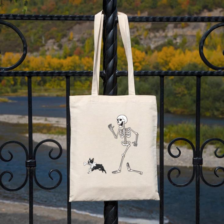 Halloween Boston Terrier And Skeleton Canvas Tote Bag, Boston Terrier Halloween Gifts, funny design