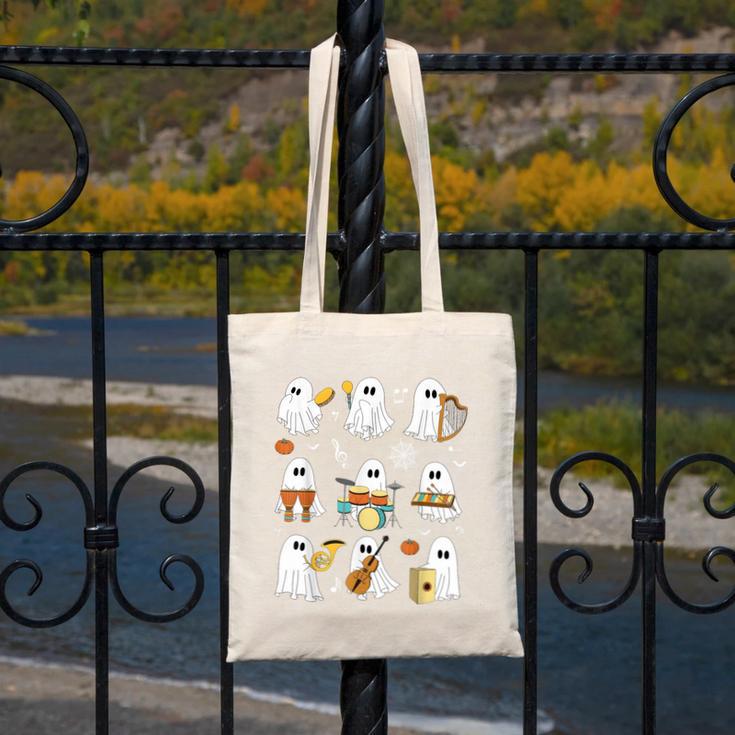 Halloween Ghost Playing Musical Instruments Music Teacher Canvas Tote Bag, funny design