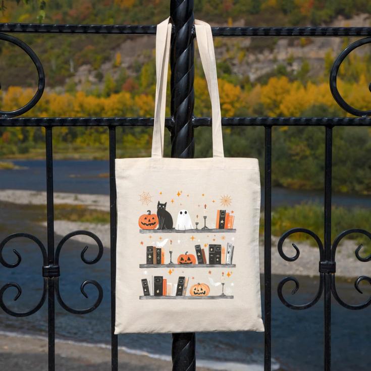 Halloween Library Ghost Books Teacher Spooky Trick Or Teach Canvas Tote Bag, funny design
