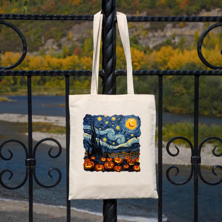 Halloween Pumpkin Starry Night Van Gogh Art Teacher Canvas Tote Bag, funny design