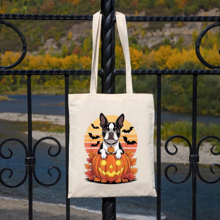 Halloween Retro Boston Terrier Canvas Tote Bag, Boston Terrier Halloween Gifts, funny design