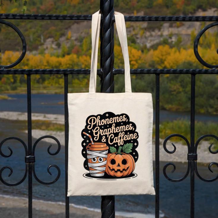 Halloween Teacher Phonemes Graphemes Caffeine Coffee Lover Canvas Tote Bag, funny design Halloween Teacher Phonemes Graphemes Caffeine Coffee Lover Canvas Tote Bag, funny design