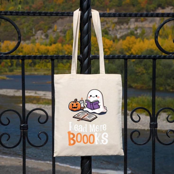 Halloween Teacher Women Cute Reading Ghost Read More Books Canvas Tote Bag, funny design