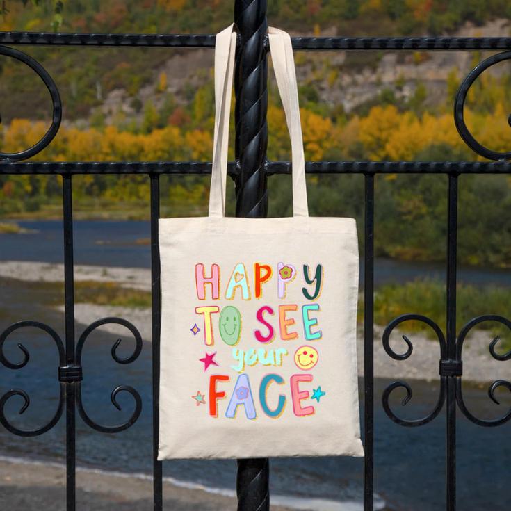 Happy To See Your Face Teacher Retro Back To School Canvas Tote Bag, funny design