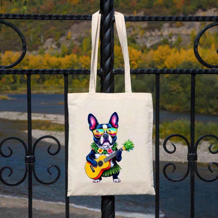 Hawaiian Boston Terrier & Pineapple Ukulele Summer Vacation Canvas Tote Bag, funny design