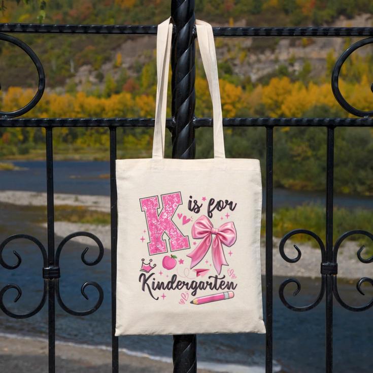 K Is For Kindergarten Teacher Coquette Bow Back To School Canvas Tote Bag, funny design K Is For Kindergarten Teacher Coquette Bow Back To School Canvas Tote Bag, funny design