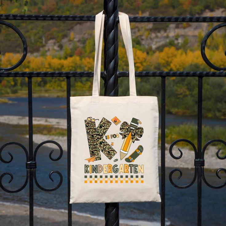 K Is For Kindergarten Teacher Coquette Bow Camo Canvas Tote Bag, funny design K Is For Kindergarten Teacher Coquette Bow Camo Canvas Tote Bag, funny design