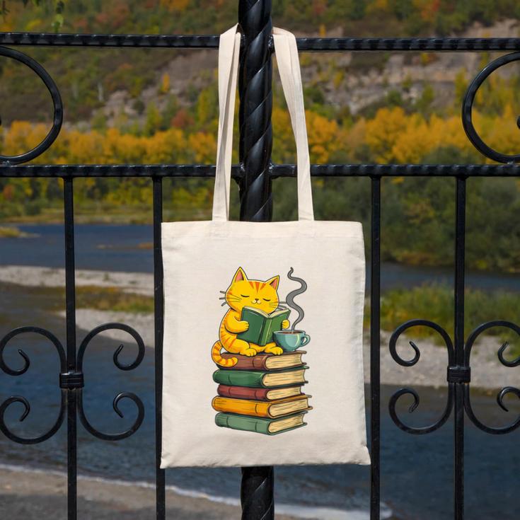 Kawaii Cats Lover Coffee Books Teacher Librarian Cat Canvas Tote Bag, funny design Kawaii Cats Lover Coffee Books Teacher Librarian Cat Canvas Tote Bag, funny design