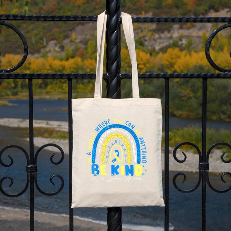 Be Kind Rainbow Down Syndrome Awareness Teacher Blue Yellow Canvas Tote Bag, funny design