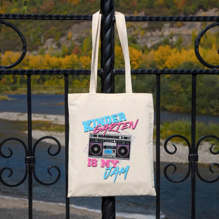 Kindergarten Is My Jam Vintage 80s Boombox Teacher Student Canvas Tote Bag, funny design
