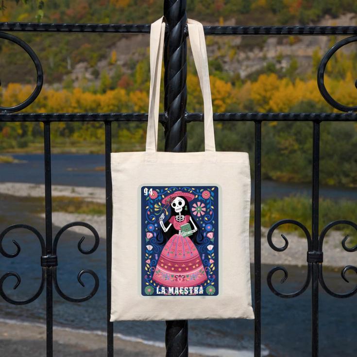 La Maestra Halloween Mexican Bingo Card Teacher Lottery Card Canvas Tote Bag, funny design La Maestra Halloween Mexican Bingo Card Teacher Lottery Card Canvas Tote Bag, funny design