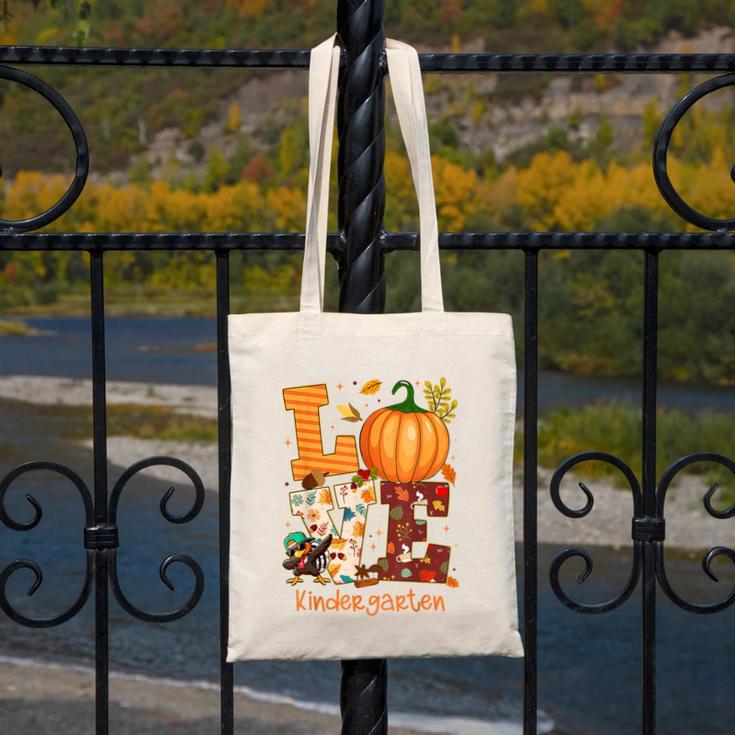 Love Kindergarten Teacher Turkey Thanksgiving Autumn Fall Canvas Tote Bag, funny design