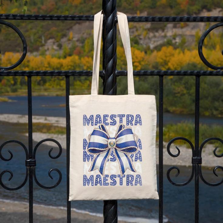 Maestra El Salvador Coquette Bow Hispanic Spanish Teacher Canvas Tote Bag, funny design Maestra El Salvador Coquette Bow Hispanic Spanish Teacher Canvas Tote Bag, funny design