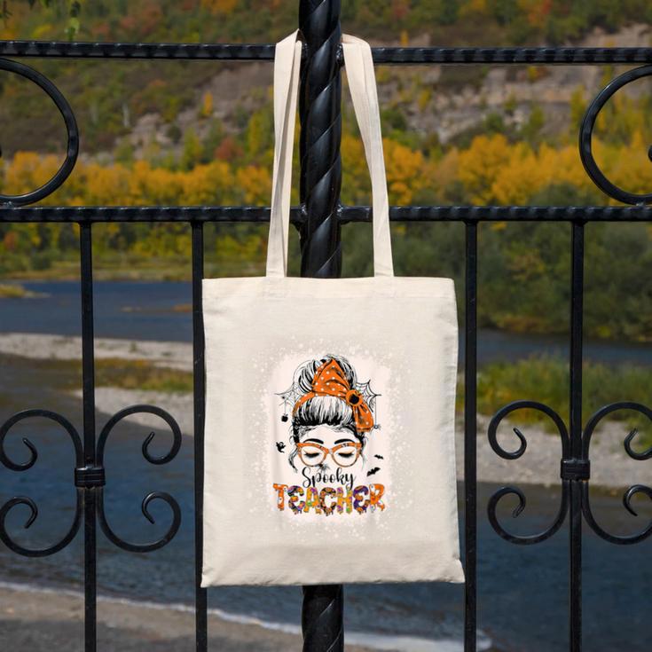 Messy Bun Spooky Teacher Bleached Halloween Teachers Canvas Tote Bag, funny design