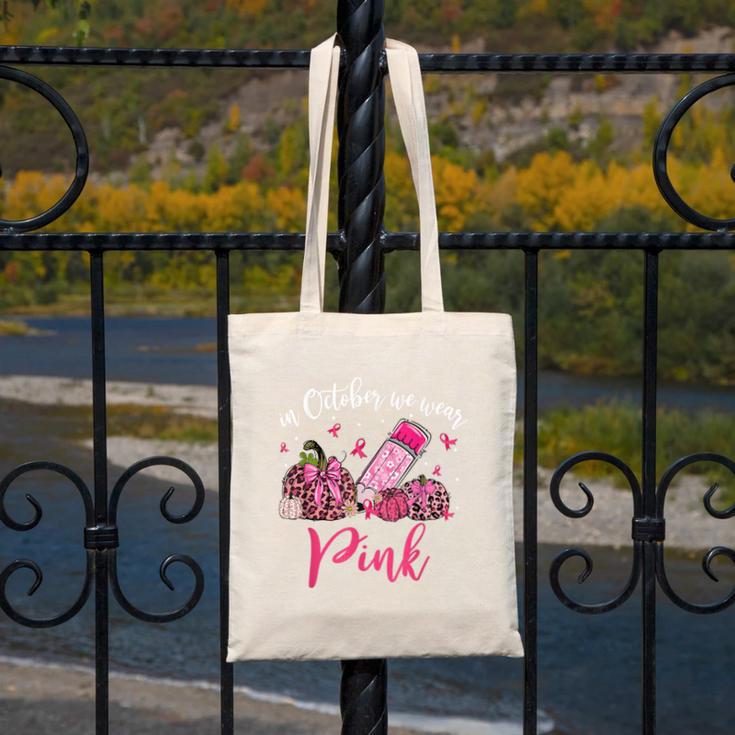 In October We Wear Pink Apple Teacher Daisy Breast Cancer Canvas Tote Bag, funny design
