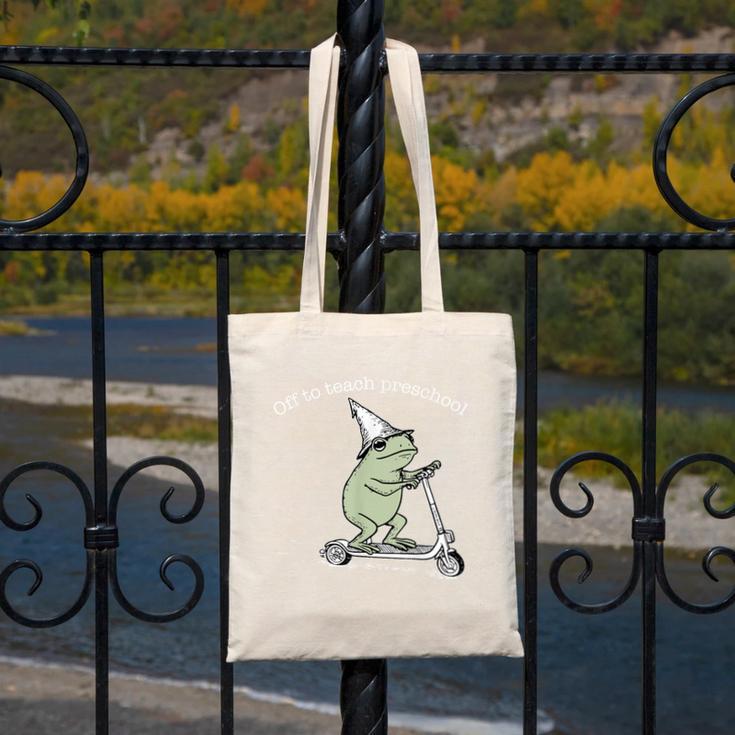 Off To Teach Preschool Pre-K Teacher Back To School Frog Canvas Tote Bag, funny design Off To Teach Preschool Pre-K Teacher Back To School Frog Canvas Tote Bag, funny design