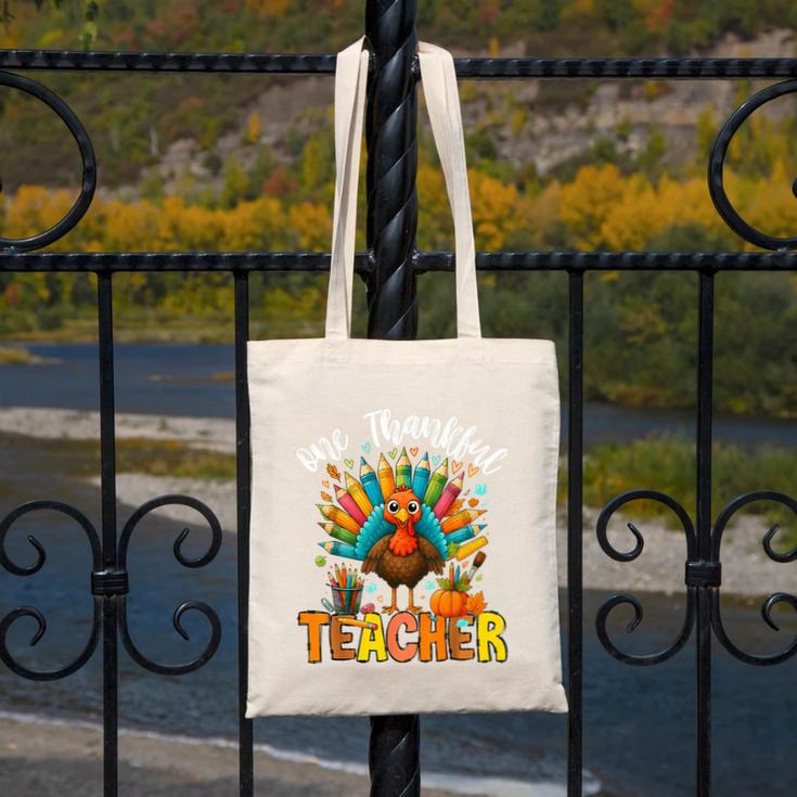 One Thankful Teacher Thanksgiving Turkey Cute Crayon Pencil Canvas Tote Bag, funny design