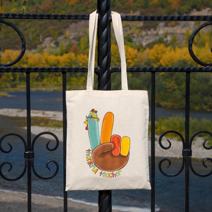 One Thankful Teacher Thanksgiving Turkey Peace Hand Sign Canvas Tote Bag, funny design One Thankful Teacher Thanksgiving Turkey Peace Hand Sign Canvas Tote Bag, funny design