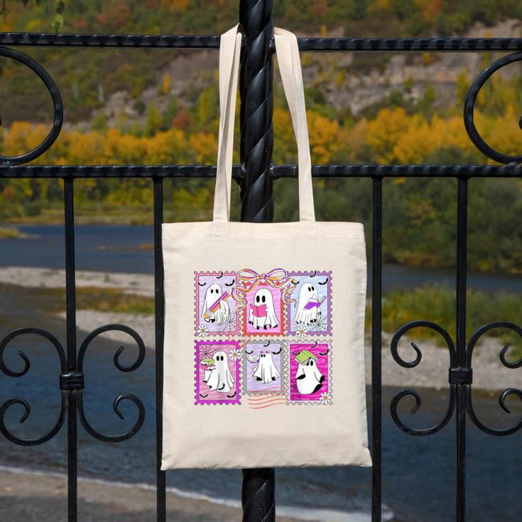 Preppy Spooky Teacher Halloween Ghost Coquette Bow Autumn Canvas Tote Bag, funny design