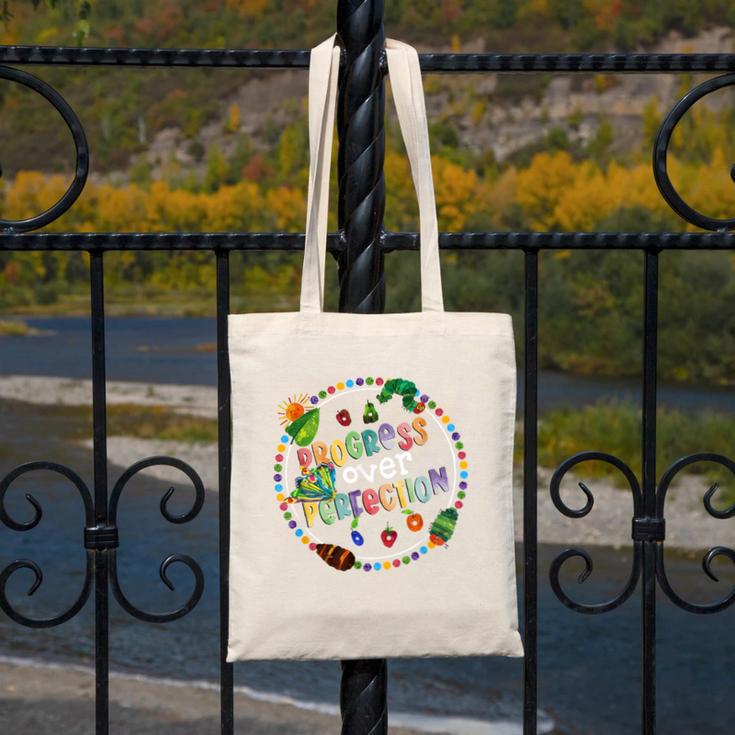 Progress Over Perfection Caterpillar Back To School Teacher Canvas Tote Bag, funny design Progress Over Perfection Caterpillar Back To School Teacher Canvas Tote Bag, funny design