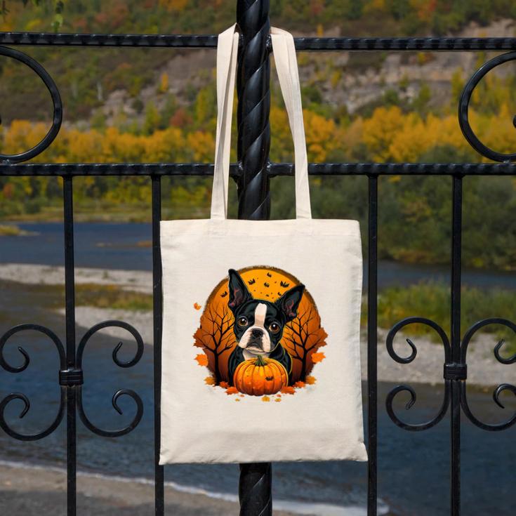 Pumpkin Boston Terrier Costume On Boston Terrier Halloween Canvas Tote Bag, Boston Terrier Halloween Gifts, funny design