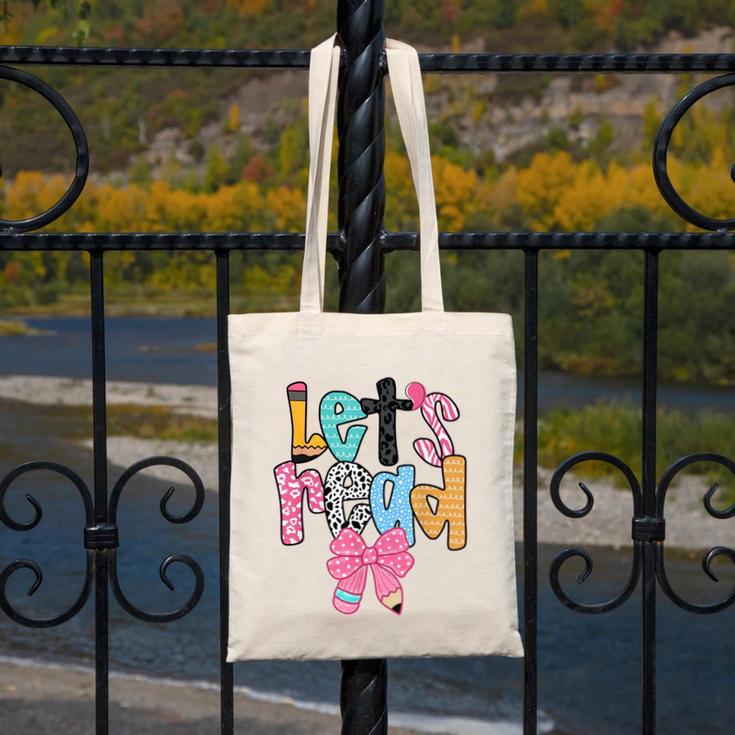 Lets Read Reading Teacher Back To School Literacy Pencil Bow Canvas Tote Bag, funny design