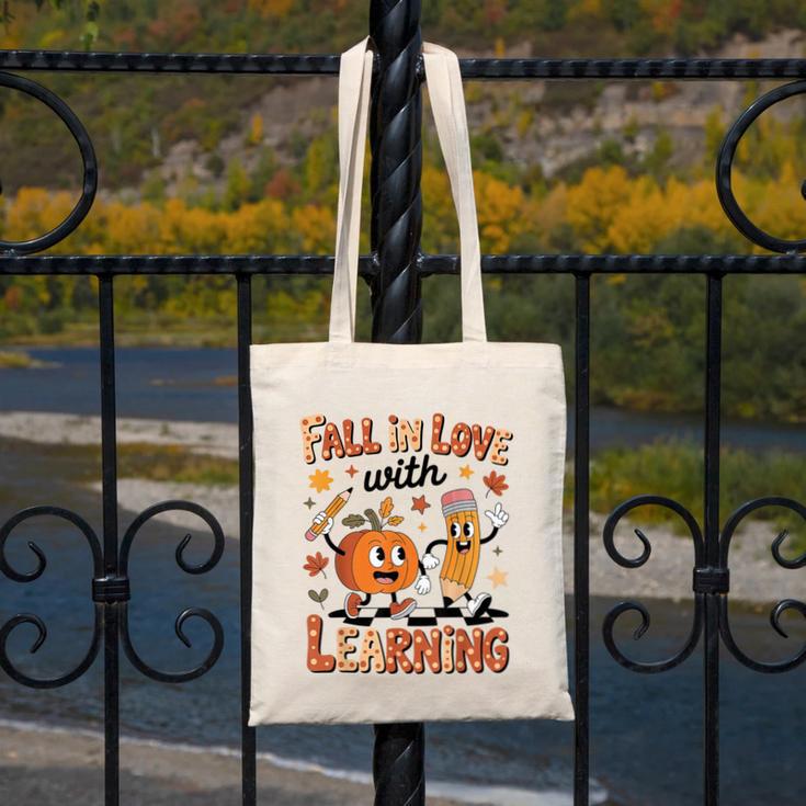 Retro Fall In Love With Learning Autumn Pumpkin Teacher Kids Canvas Tote Bag, funny design Retro Fall In Love With Learning Autumn Pumpkin Teacher Kids Canvas Tote Bag, funny design