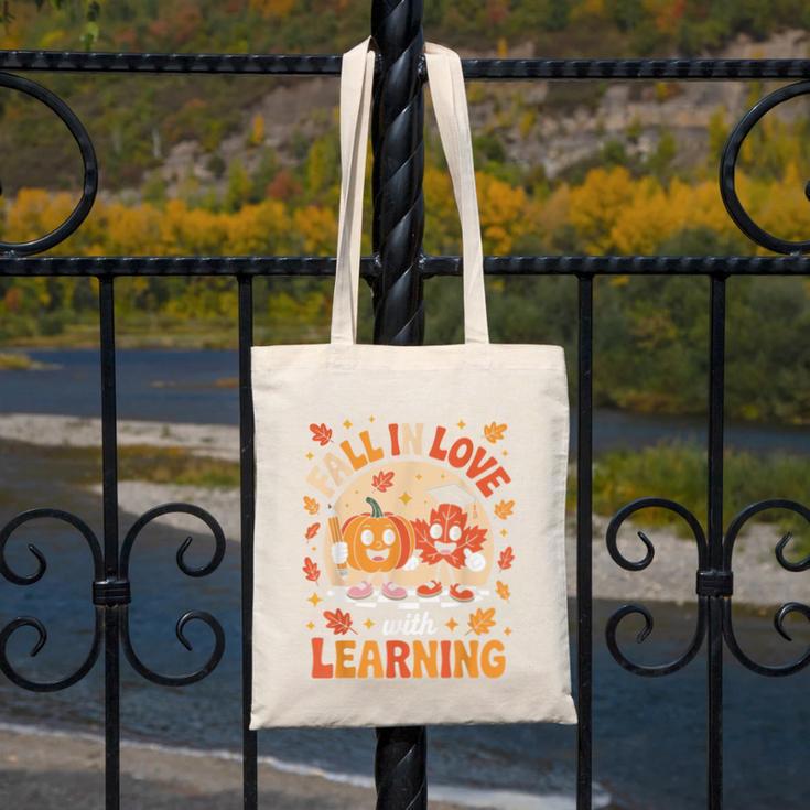 Retro Fall In Love With Learning Pumpkin Leaf Teacher Autumn Canvas Tote Bag, funny design Retro Fall In Love With Learning Pumpkin Leaf Teacher Autumn Canvas Tote Bag, funny design