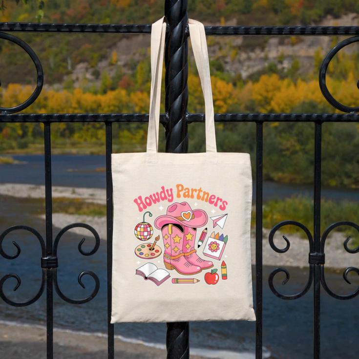 Retro Howdy Partners Cowgirl Cowboy Teacher Back To School Canvas Tote Bag, funny design