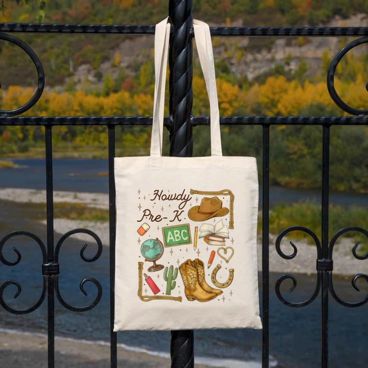 Retro Howdy Pre-K Back To School Western Teacher Canvas Tote Bag, funny design