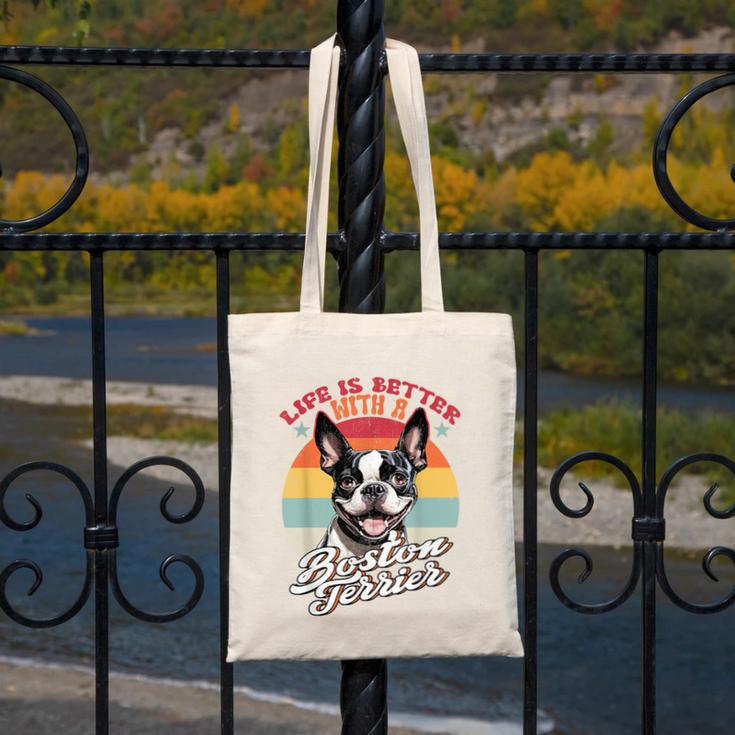 Retro Life Is Better With Boston Terrier Mom Dog Lover Canvas Tote Bag, Couple Gifts, Mom Gifts, Boston Terrier Mom Gifts, funny design