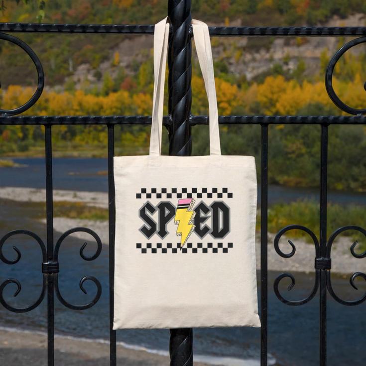 Retro SPED Teacher Pencil Lightning Bolt Back To School Canvas Tote Bag, funny design