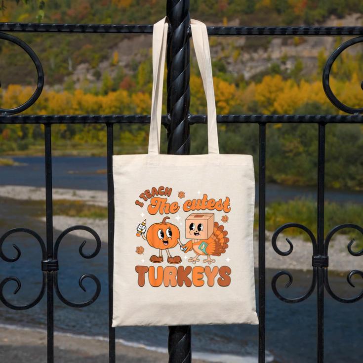 Retro I Teach The Cutest Turkey Thanksgiving Pumpkin Teacher Canvas Tote Bag, funny design