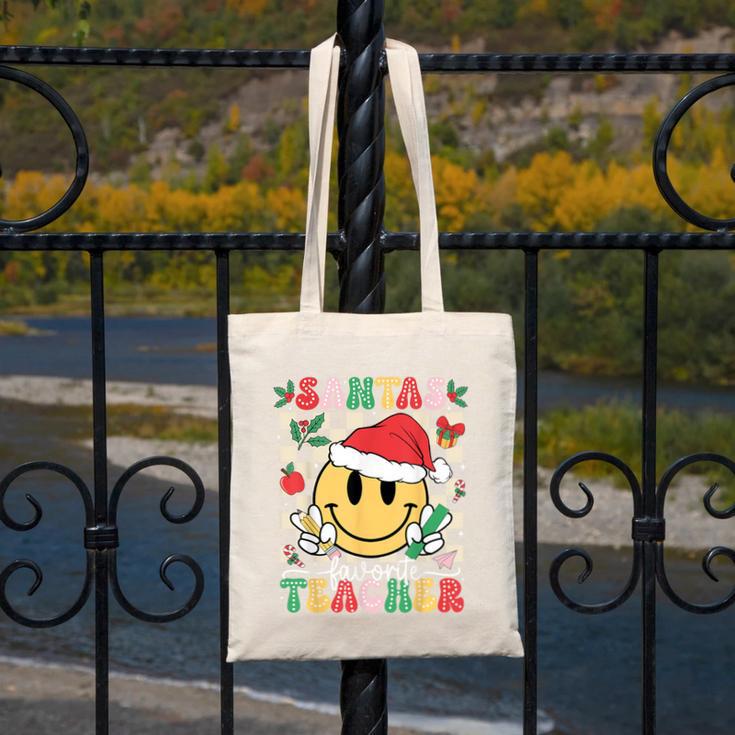 Santas Favorite Teacher Retro Groovy Smile Face Christmas Canvas Tote Bag, Groovy Teacher Gifts, funny design Santas Favorite Teacher Retro Groovy Smile Face Christmas Canvas Tote Bag, Groovy Teacher Gifts, funny design