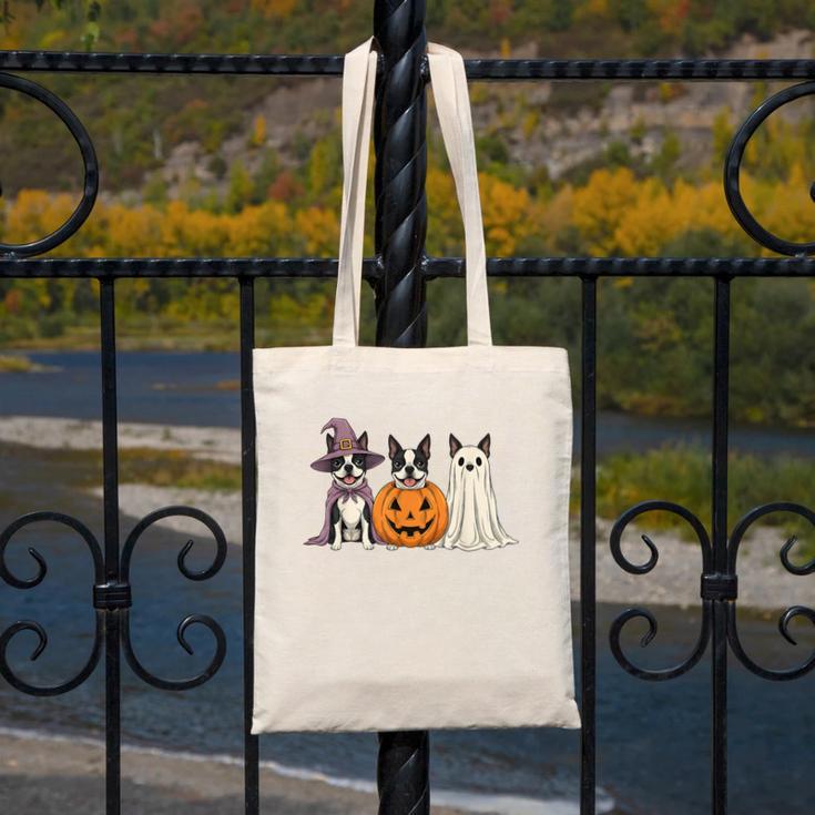 Spooky Ghost Boston Terrier Pumpkin Halloween Dog Lover Canvas Tote Bag, Boston Terrier Ghost Gifts, Boston Terrier Halloween Gifts, funny design