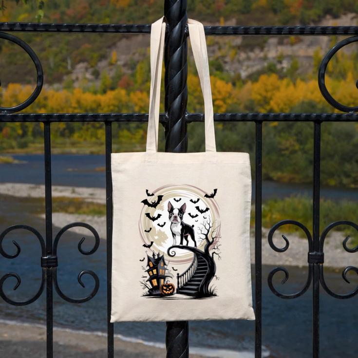 Spooky Halloween Moon Boston Terrier Boston Bull Bostie Canvas Tote Bag, Boston Terrier Halloween Gifts, funny design
